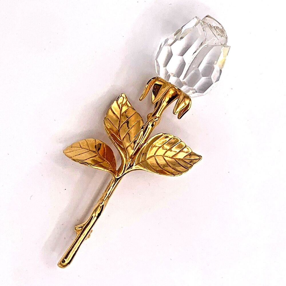 Swarovski Crystal Memories Rose Flower Brooch Pin Gold Large Signed Collectible